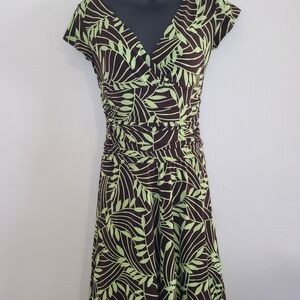 Maggy London Brown and Light Green Leaf-Print V-Neck Midi Dress